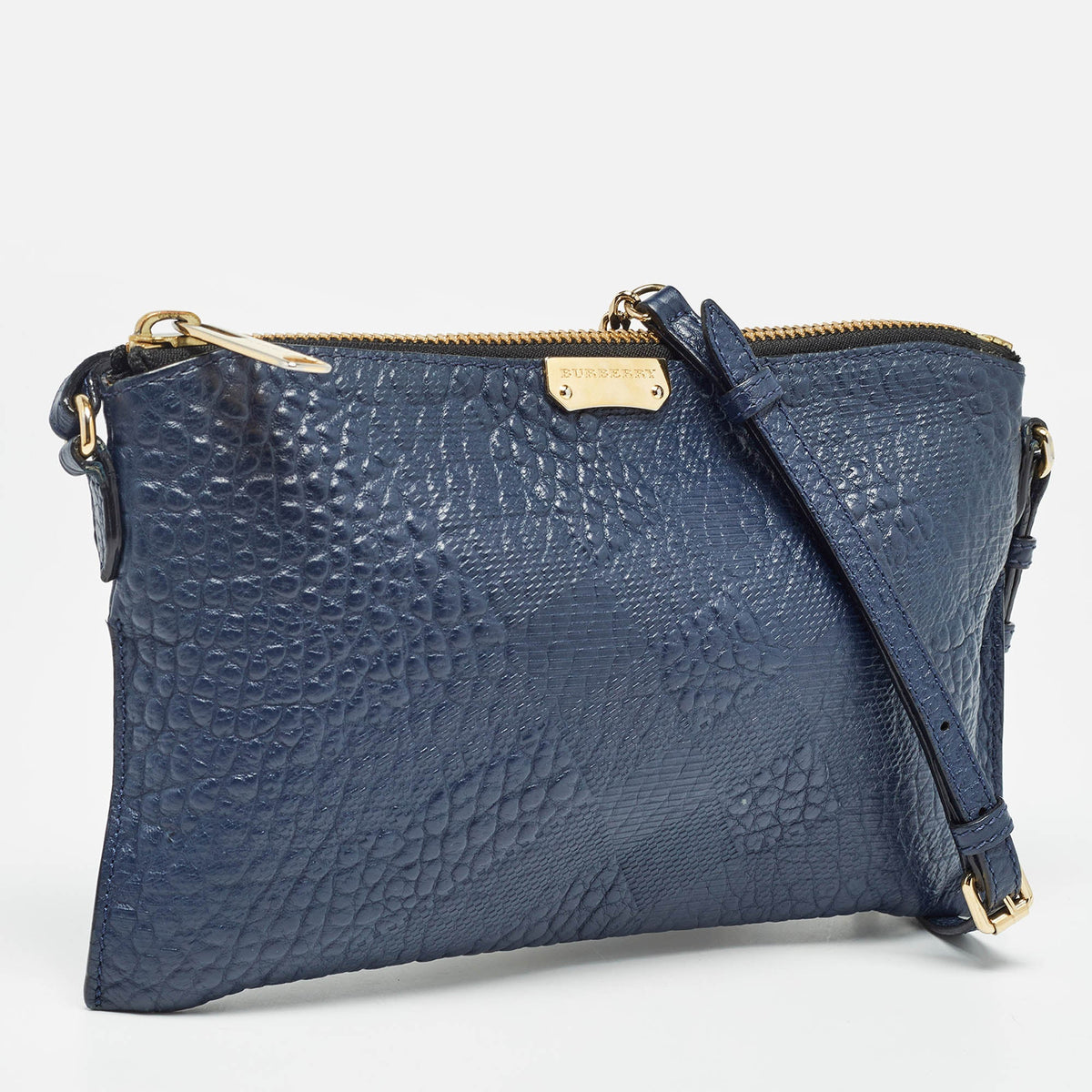 BURBERRY Navy Blue Grain Check Embossed Leather Peyton Crossbody Bag