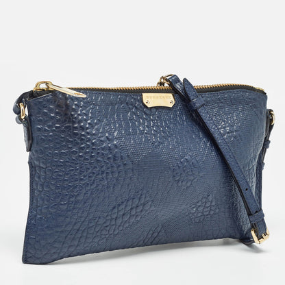 BURBERRY Navy Blue Grain Check Embossed Leather Peyton Crossbody Bag
