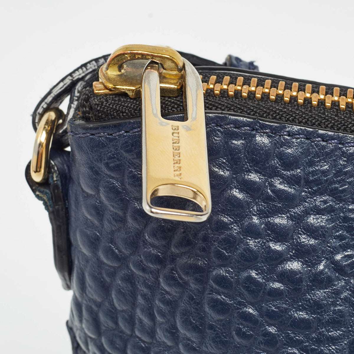 BURBERRY Navy Blue Grain Check Embossed Leather Peyton Crossbody Bag