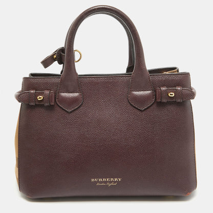 BURBERRY Burgundy Leather and House Check Fabric Small Banner Tote