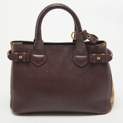 BURBERRY Burgundy Leather and House Check Fabric Small Banner Tote