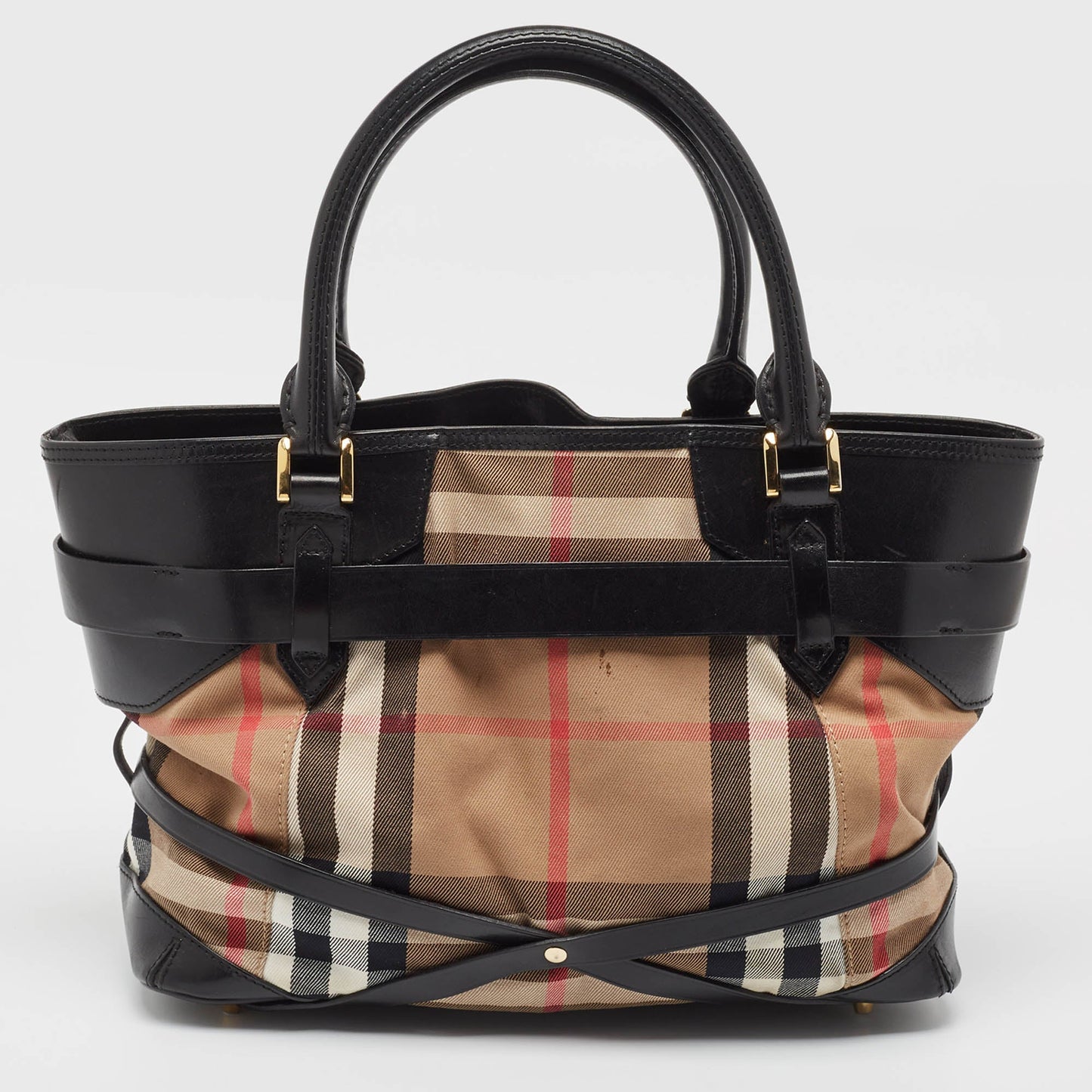 BURBERRY Black/Beige House Check Fabric Medium Bridle Lynher Tote