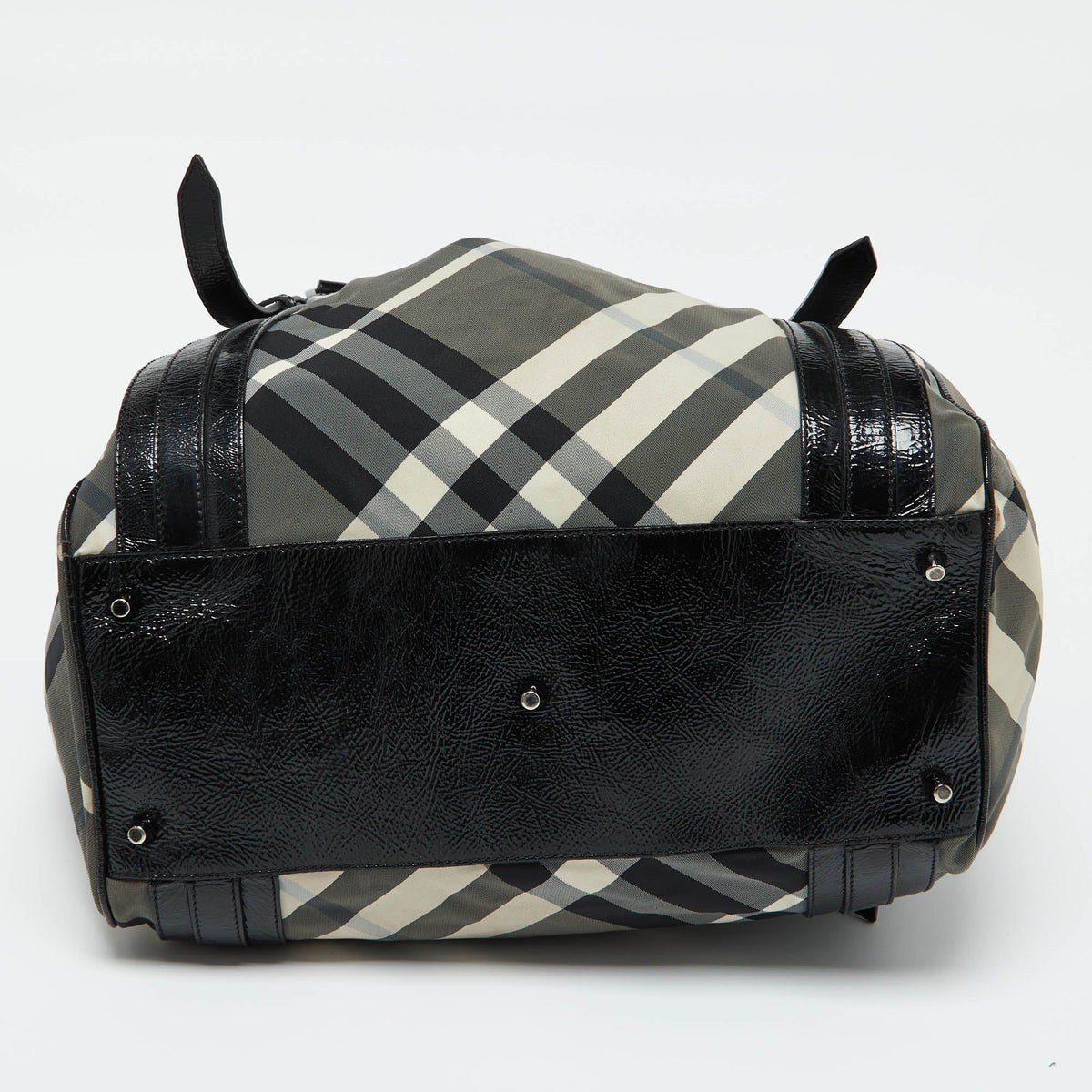 BURBERRY Black Beat Check Nylon and Patent Leather Large Victoria Tote