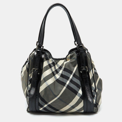 BURBERRY Black Beat Check Nylon and Patent Leather Large Victoria Tote