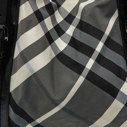 BURBERRY Black Beat Check Nylon and Patent Leather Large Victoria Tote