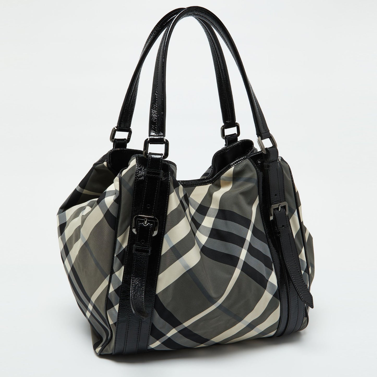 BURBERRY Black Beat Check Nylon and Patent Leather Large Victoria Tote