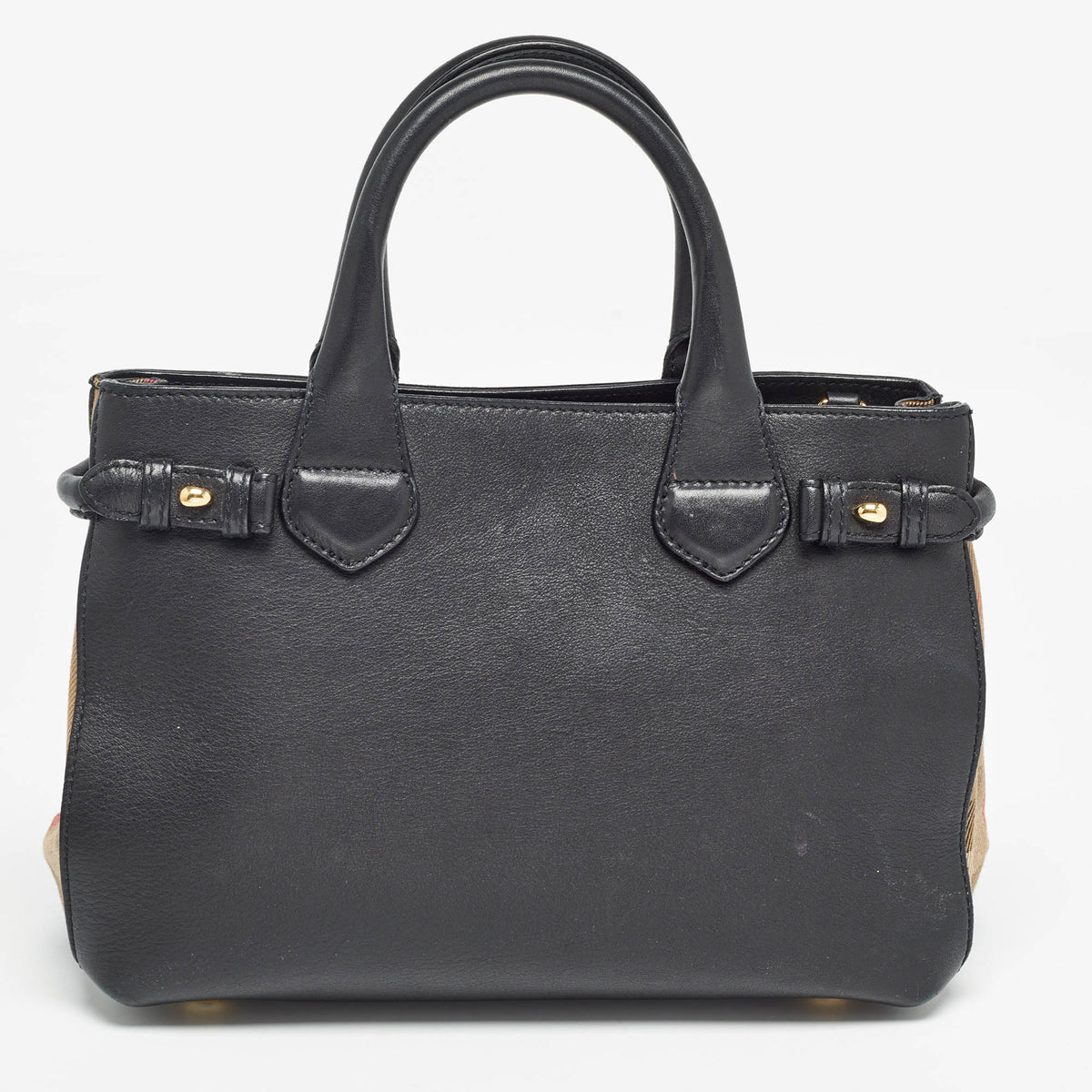 BURBERRY Black/Beige Leather and House Check Canvas Small Banner Tote