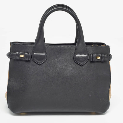 BURBERRY Black/Beige Leather and House Check Canvas Small Banner Tote