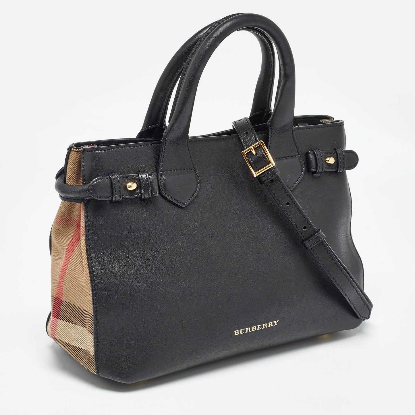 BURBERRY Black/Beige Leather and House Check Canvas Small Banner Tote