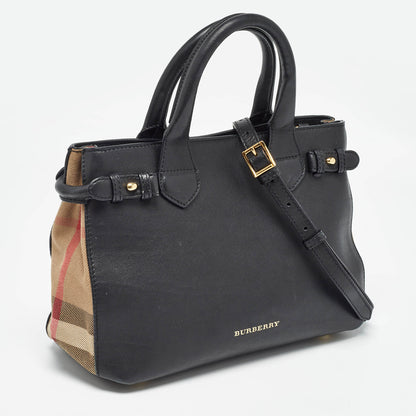 BURBERRY Black/Beige Leather and House Check Canvas Small Banner Tote