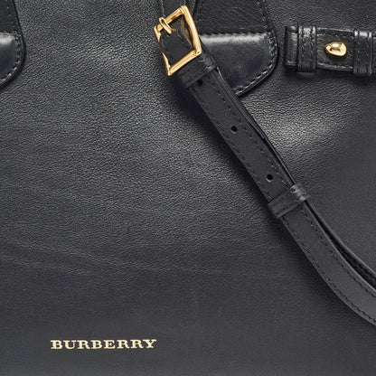 BURBERRY Black/Beige Leather and House Check Canvas Small Banner Tote
