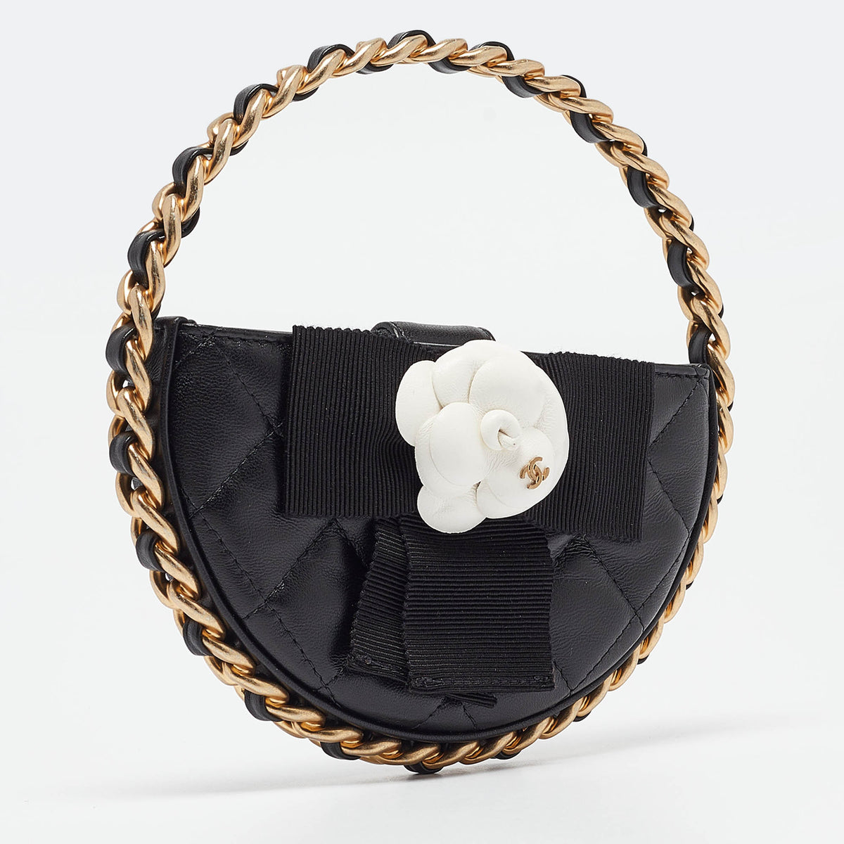 Chanel Black Quilted Leather Mini Round Camellia Clutch