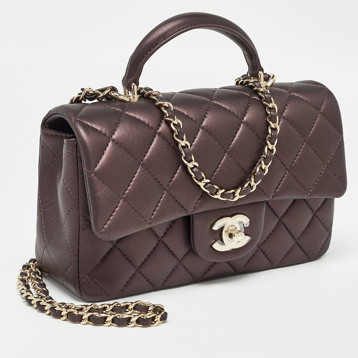 Chanel Burgundy Iridescent Quilted Leather Mini Rectangular New Top Handle Bag