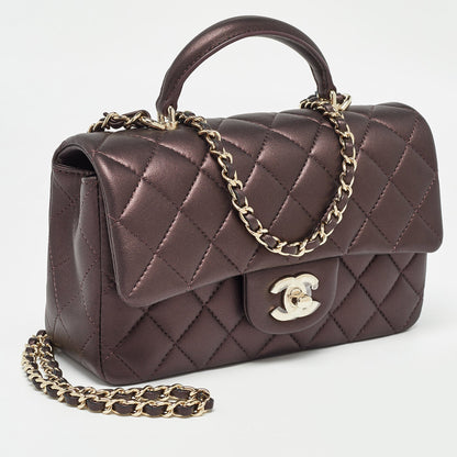 Chanel Burgundy Iridescent Quilted Leather Mini Rectangular New Top Handle Bag