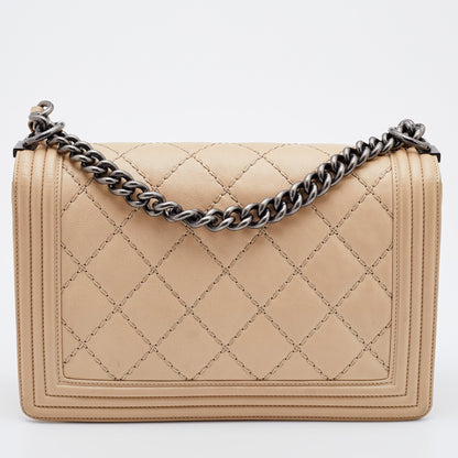 Chanel Beige Quilted Leather New Medium Wild Stitch Boy Bag