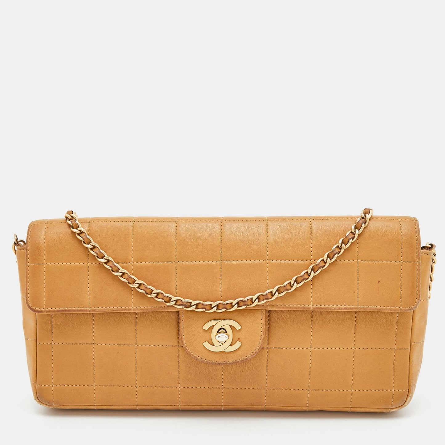 CHANEL Beige Chocolate Bar Quilted Leather East West Flap Bag