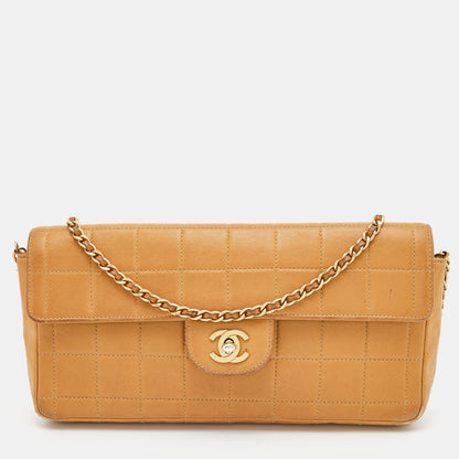 CHANEL Beige Chocolate Bar Quilted Leather East West Flap Bag