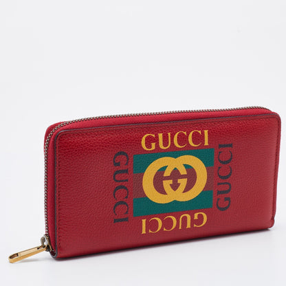 Gucci Red Leather Logo Print Zip Around Wallet