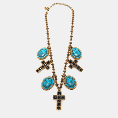 Gucci Aged Gold Tone Scarab and Cross Charms Necklace