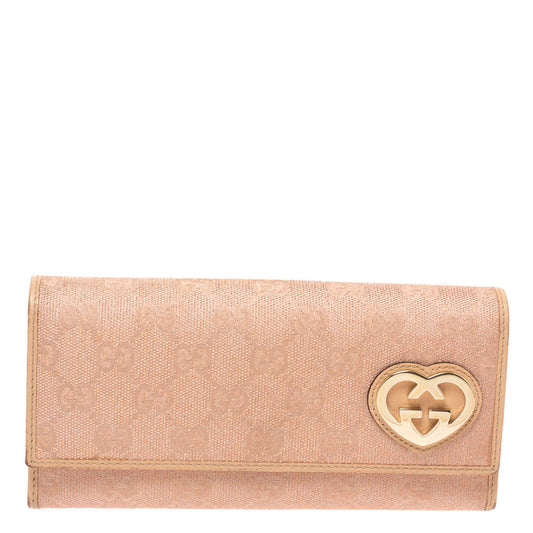 Gucci Beige/Pink Shimmer GG Canvas Lovely Heart Continental Wallet