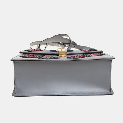 Gucci Grey Floral Sequins Patch Leather Medium Sylvie Top Handle Bag