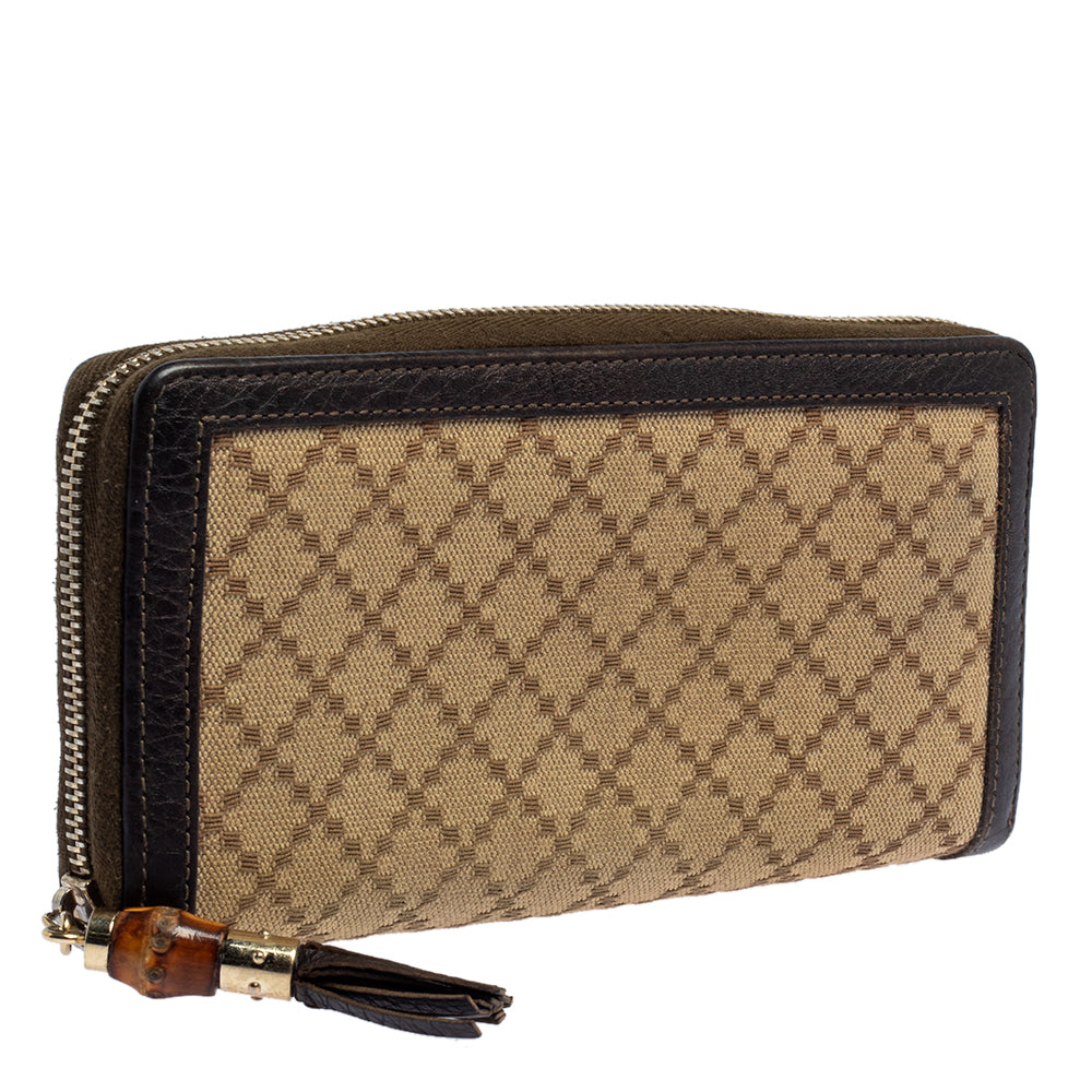 Gucci Beige/Brown Diamante Canvas and Leather Bamboo Tassel Zip Around Wallet