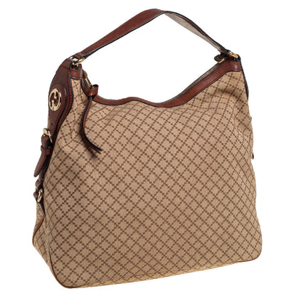 Gucci Beige/Brown Diamante Canvas and Leather Village Double G Hobo