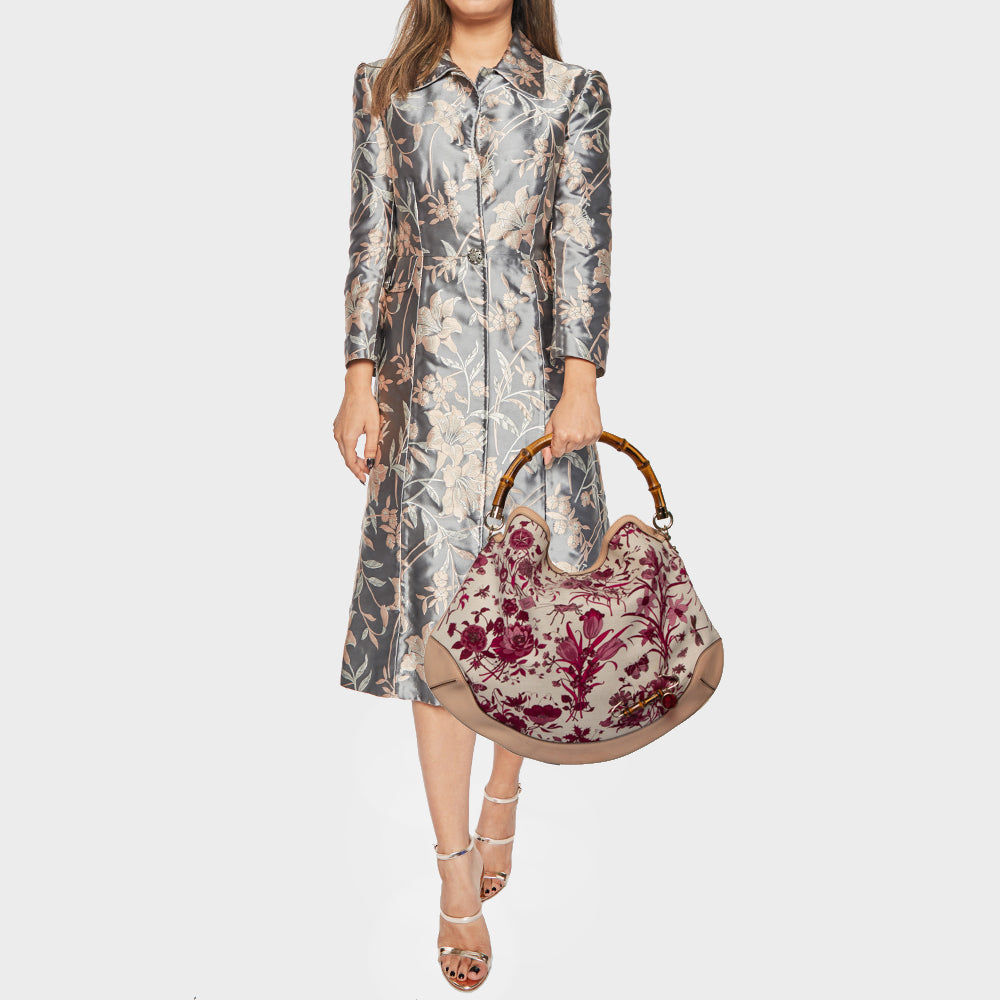 Gucci White/Pink Floral Canvas and Leather Peggy Bamboo Handle Hobo