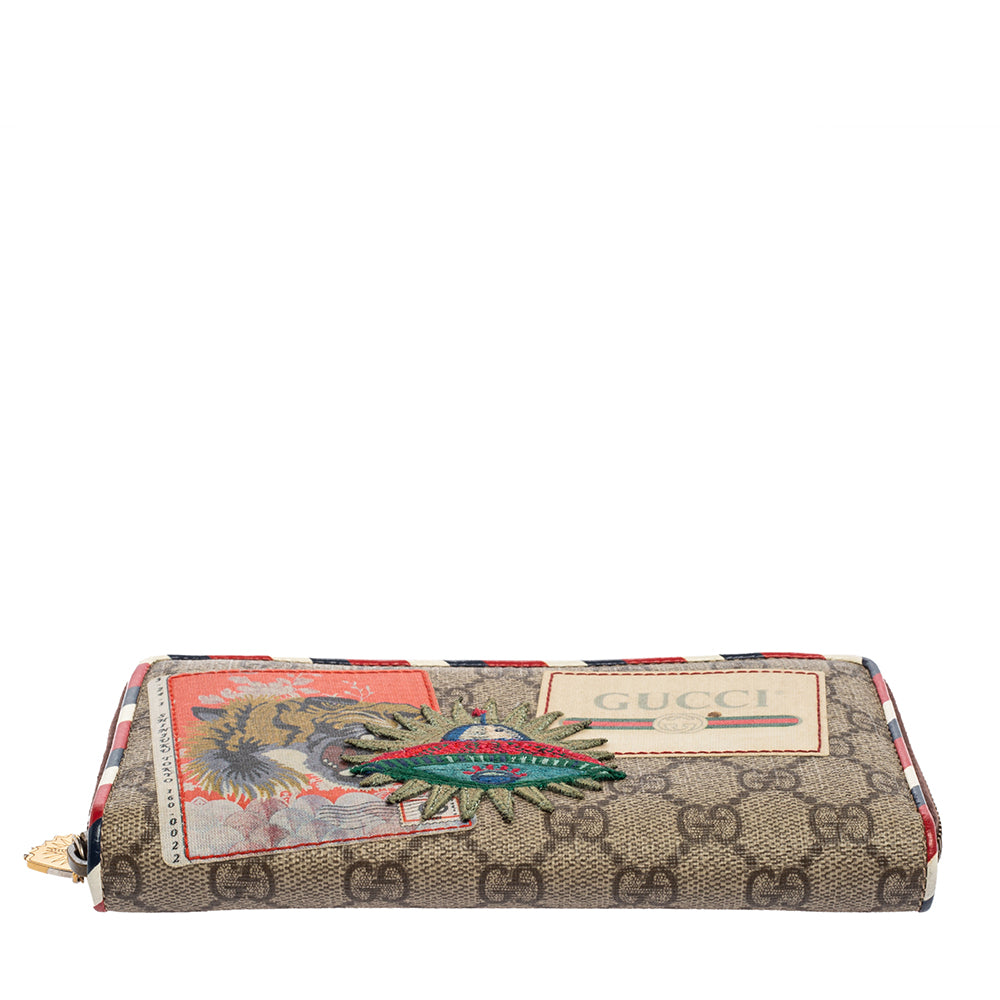 Gucci Beige/Brown GG Supreme Canvas And Leather Applique Courrier Zip Around Wallet