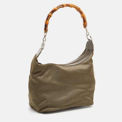 Gucci Olive Green Canvas And Patent Leather Peggy Bamboo Hobo