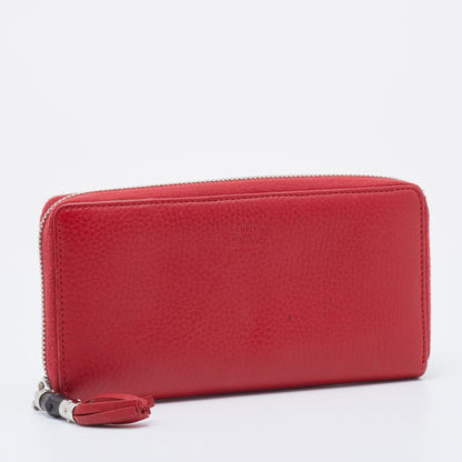 Gucci Red Leather Bamboo Tassel Zip Around Wallet