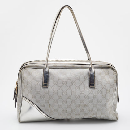 Gucci Silver GG Canvas and Leather New Britt Boston Bag
