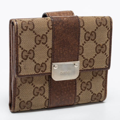 Gucci Brown/Beige GG Canvas and Leather Flap French Wallet