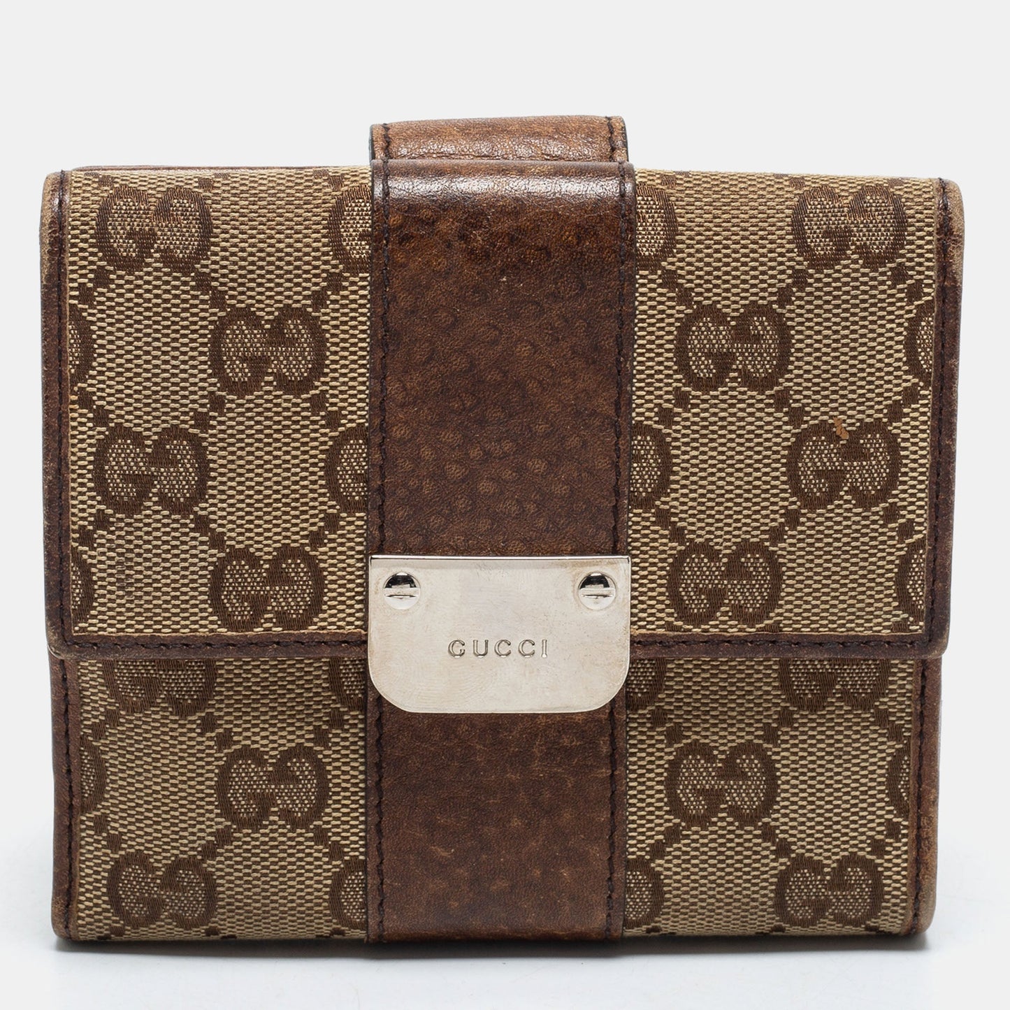 Gucci Brown/Beige GG Canvas and Leather Flap French Wallet