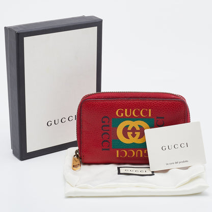 Gucci Red Leather Logo Print Zip Compact Wallet