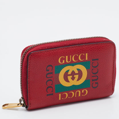 Gucci Red Leather Logo Print Zip Compact Wallet