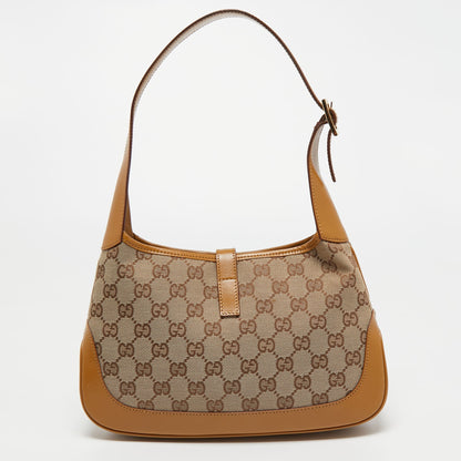 Gucci Beige/Brown GG Canvas and Leather Small Jackie Hobo