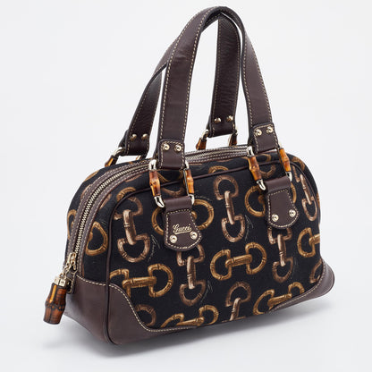 Gucci Brown/Black Horsebit Printed Canvas Bamboo Satchel