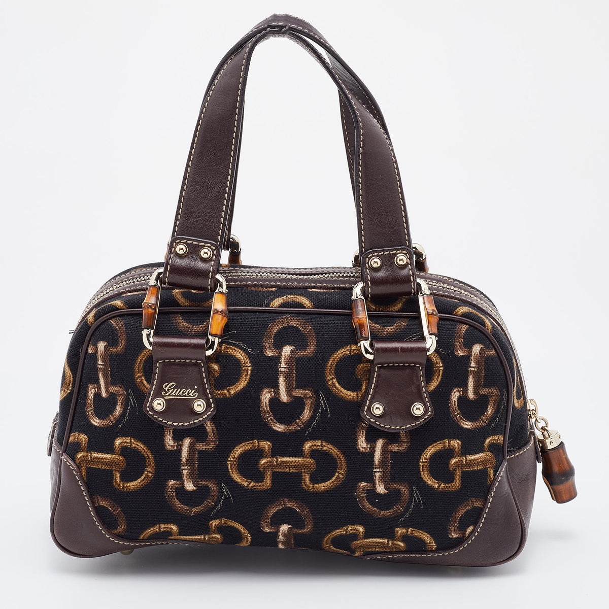 Gucci Brown/Black Horsebit Printed Canvas Bamboo Satchel