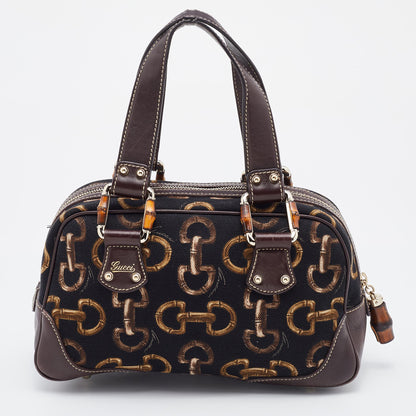 Gucci Brown/Black Horsebit Printed Canvas Bamboo Satchel