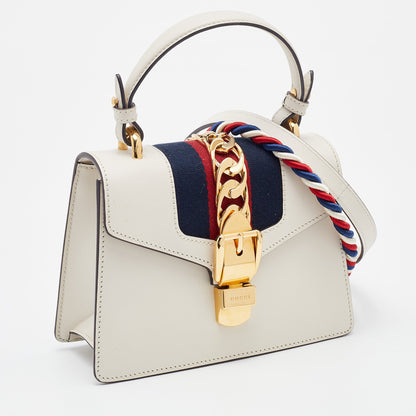 Gucci White Leather Mini Web Sylvie Top Handle Bag