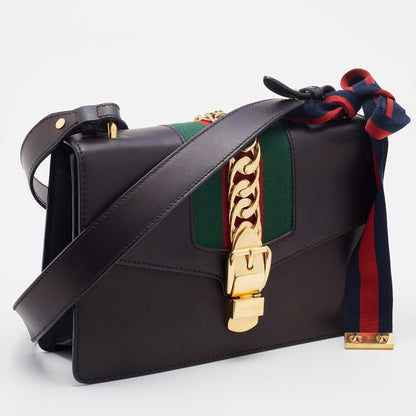 Gucci Black Leather Small Web Sylvie Flap Shoulder Bag