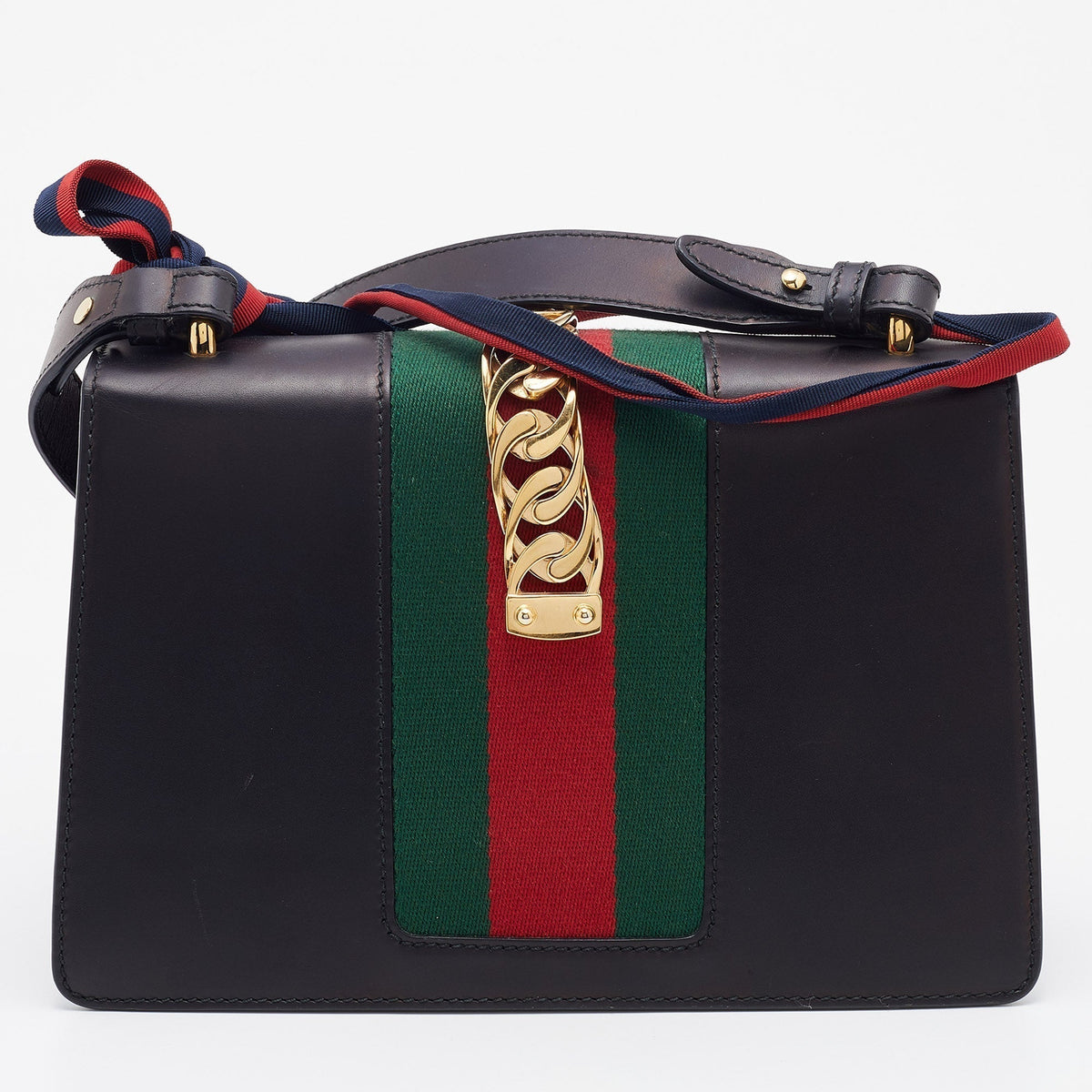 Gucci Black Leather Small Web Sylvie Flap Shoulder Bag
