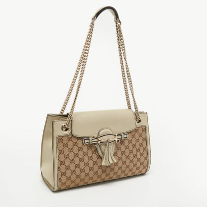 Gucci Beige GG Canvas and Leather Large Emily Chain Shoulder Bag