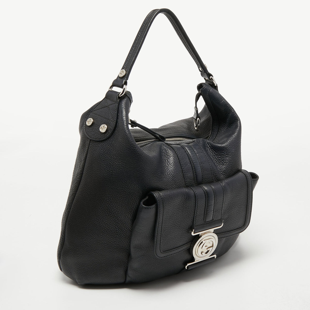 Gucci Black Grained Leather Medium G Coin Hobo
