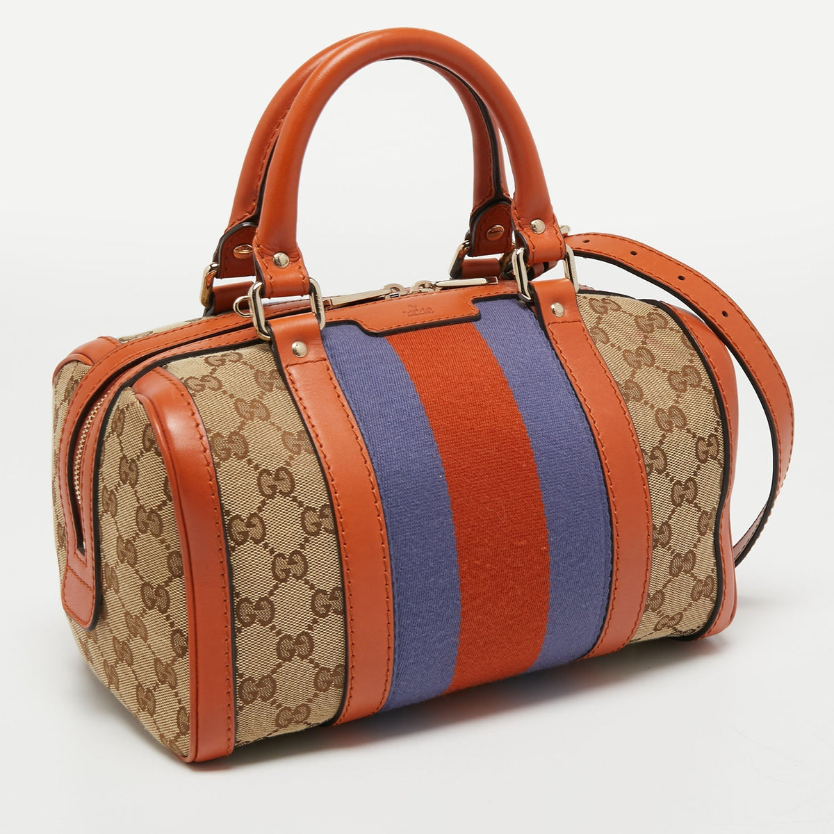Gucci Beige/Orange GG Canvas and Leather Small Vintage Web Boston Bag