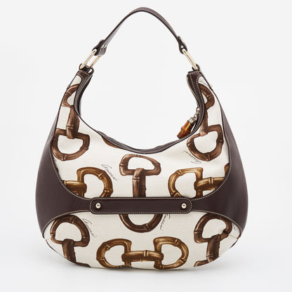 Gucci Brown/Off White Bamboo Horsebit Print Canvas Amalfi Hobo