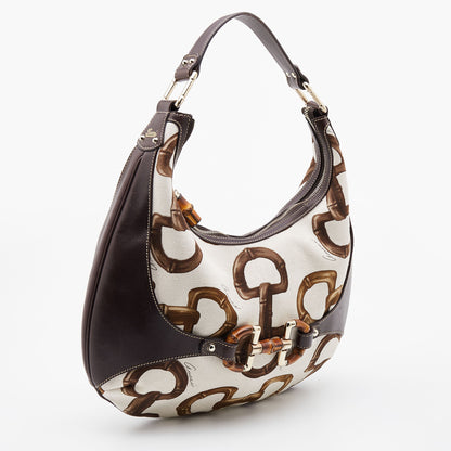 Gucci Brown/Off White Bamboo Horsebit Print Canvas Amalfi Hobo