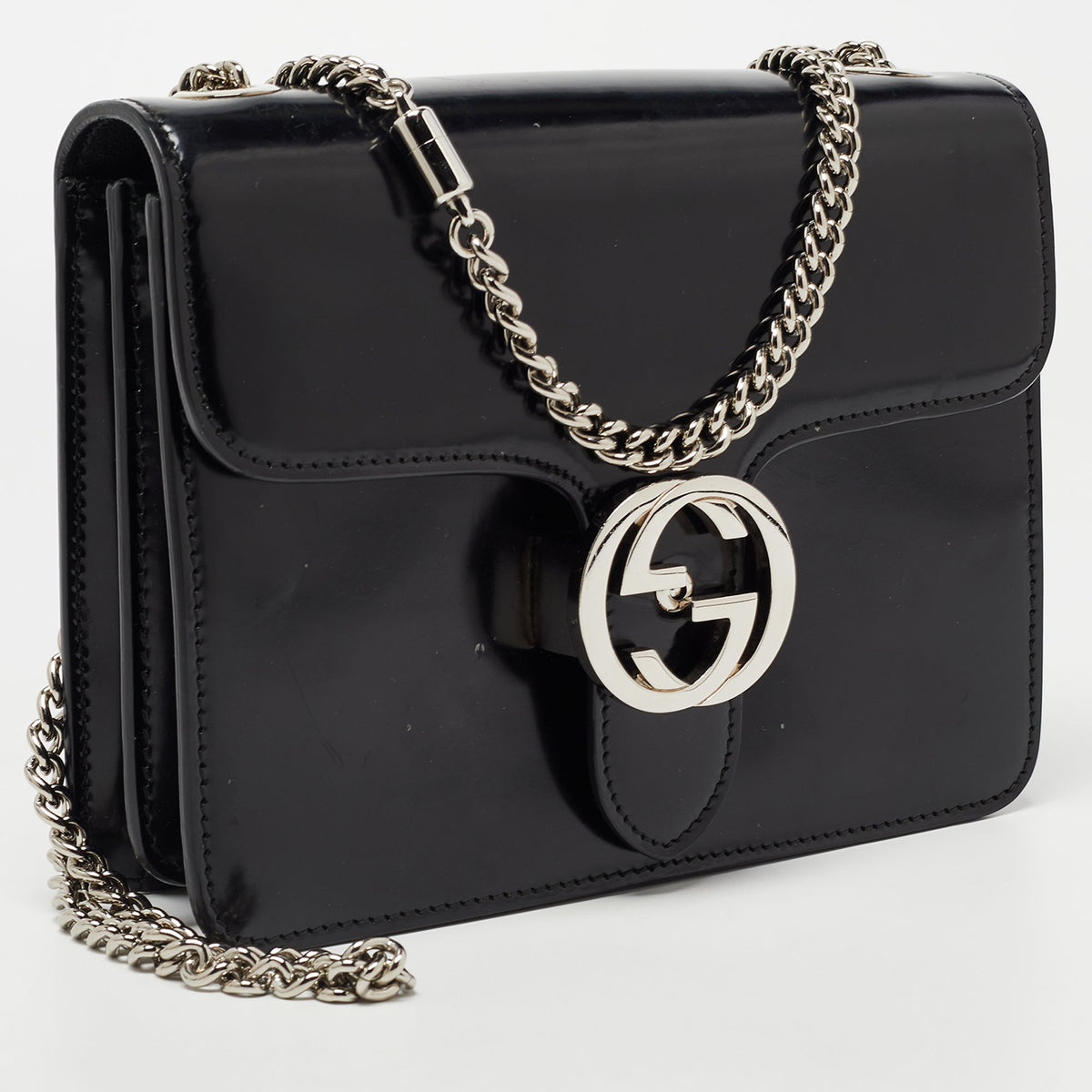 Gucci Black Patent Leather Small Interlocking G Shoulder Bag
