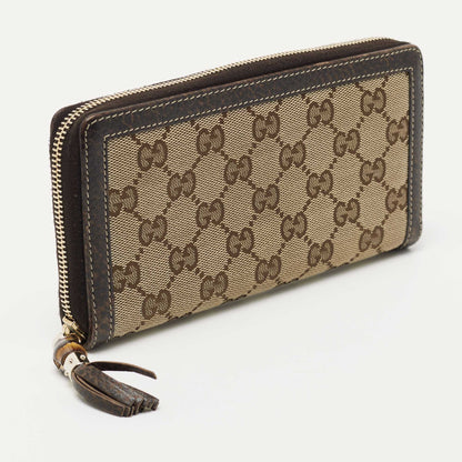 Gucci Beige/Brown GG Canvas and Leather Bamboo Tassel Zip Around Wallet